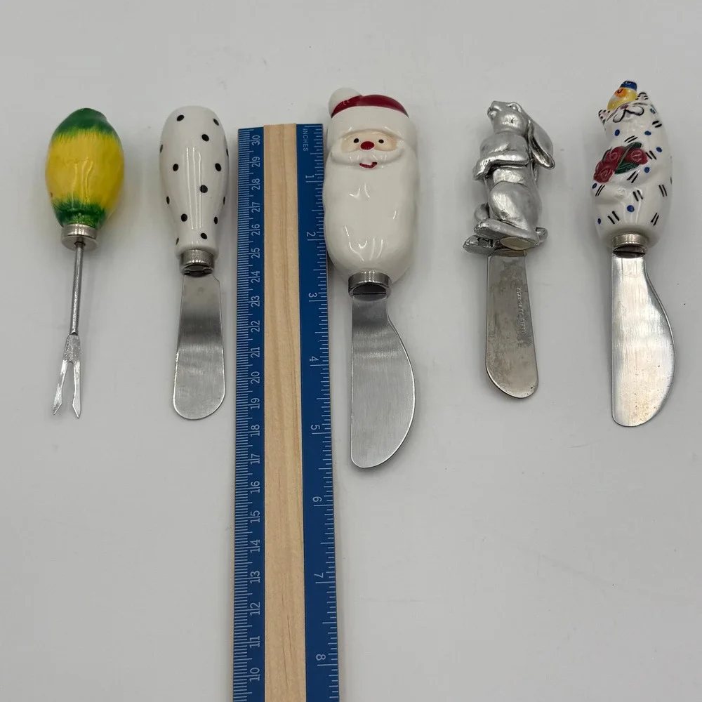Vintage Mismatched Cheese Spreader Set 5pc Santa Bunny Cat Polka Dot Citrus